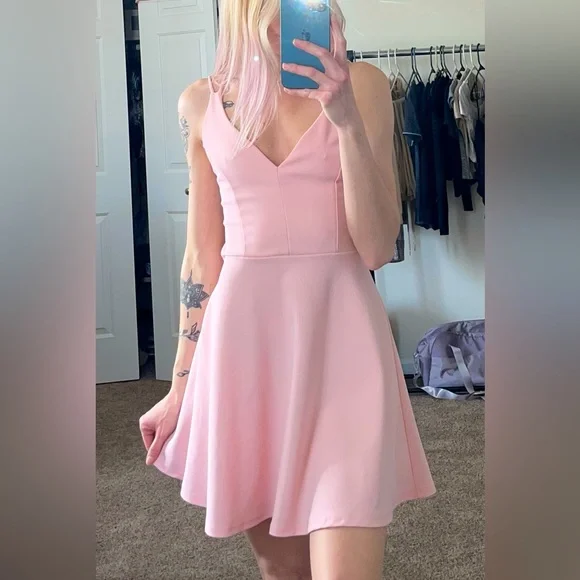 chinese dress ladies FANCYINN Women's Pink Short Dress Spaghetti Strap Backless Mini Skater  Summer Dress Light Pink L at Amazon Women's Clothing store main image 0